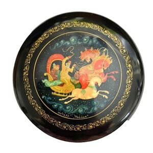 Vintage Russian Lacquer Box hand painted trinket Snuff 3.5" Round MCTEPA‎ Tponka